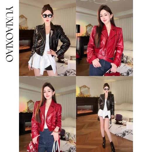余潇潇【烈焰玫瑰】进口绵羊皮酷飒机车风古法工艺裂纹翻领短款皮衣 商品图0