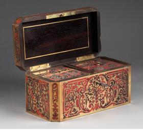 独角鹿西洋古董 19世纪末法国出品古典卷叶纹饰布勒镶嵌茶叶盒