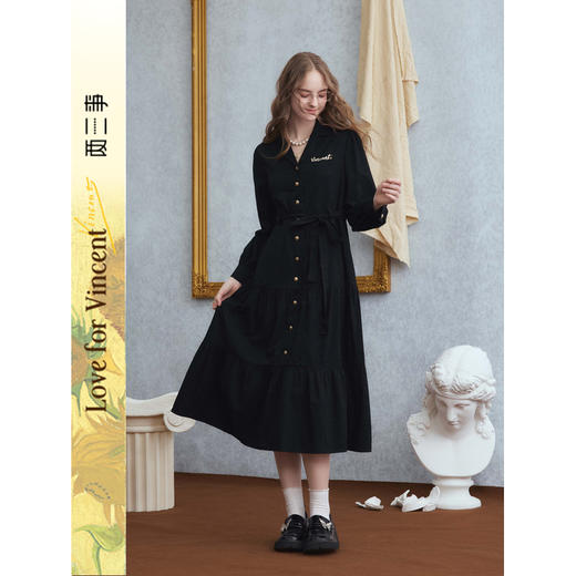 两三事梵高文艺 磨坊舞会 2025秋季新款字母刺绣绑带衬衫裙连衣裙 商品图0