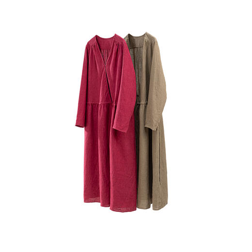 绽放604朵/亚麻斜襟腰部抽绳系带松弛感正常V领显瘦长袖连衣裙 商品图4