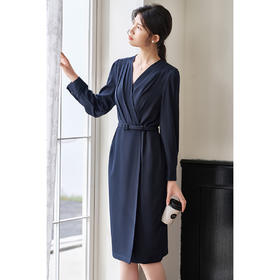 米思阳2026春季新款气质高级感收腰连衣裙v领褶皱修身一步裙0517