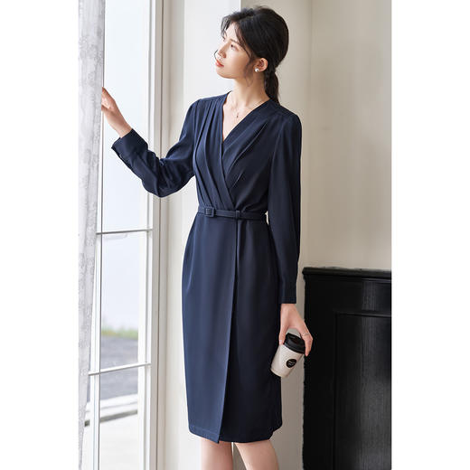 米思阳2026春季新款气质高级感收腰连衣裙v领褶皱修身一步裙0517 商品图0