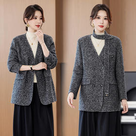 OSL 2525LN流行气质宽松条纹显瘦V领双面尼大衣外套