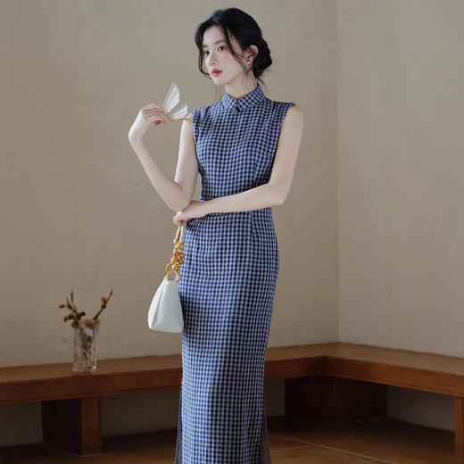 民国大小姐无袖旗袍改良年轻款日常可穿夏季复古素雅格子连衣裙女 商品图1
