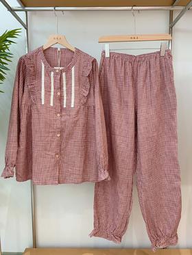 松植屋【墨然】女士圆领长袖长裤套装女款「带胸垫双层纱睡衣」