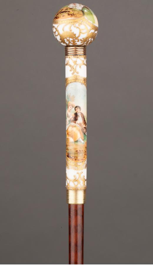 独角鹿西洋古董 19世纪英国出品蛇纹木及竹材嵌爱恋主题描金手绘瓷面画伞柄装饰丝绸蕾丝伞面古典阳伞 商品图2