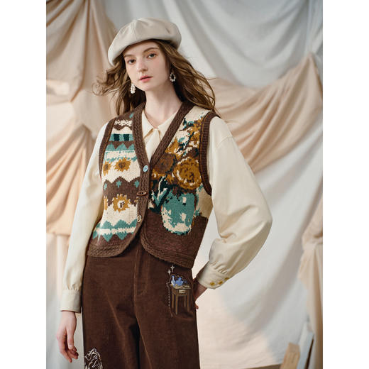 两三事梵高文艺松茶可可2025秋冬新款几何图形纽扣花色马甲女宽松 商品图1