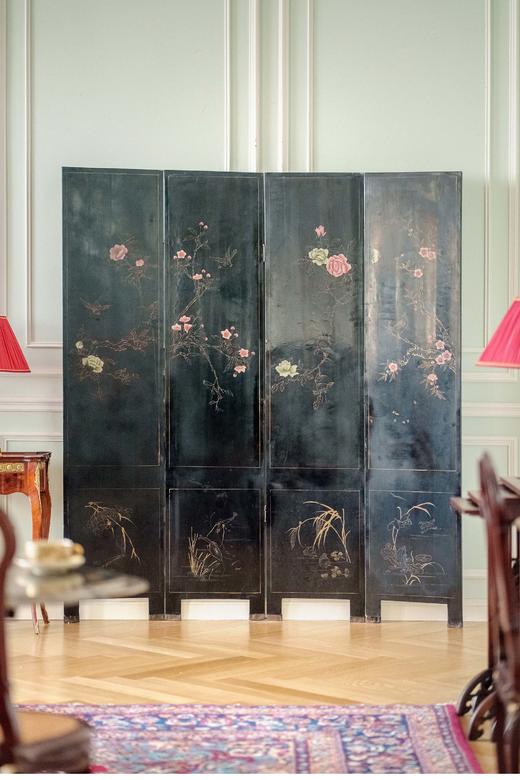 独角鹿西洋古董 20世纪中国出品花鸟奔马主题百宝嵌双面四曲屏风 商品图6