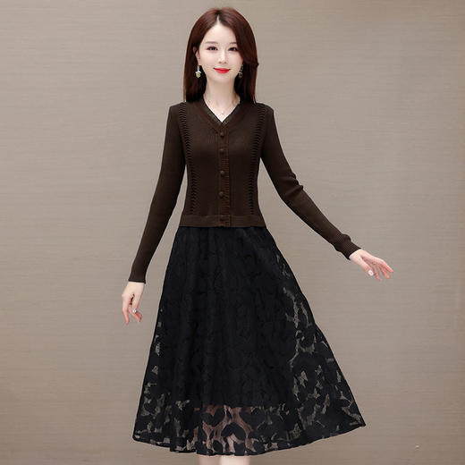 QYM A2303-1-Y假两件针织连衣裙毛线裙拼结蕾丝纱网裙 商品图0