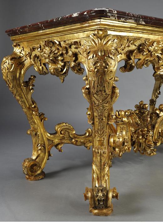 独角鹿西洋古董 18世纪中期意大利出品巴洛克风格贝纹卷叶主题铜鎏金精雕装饰红色大理石台面长桌 商品图2