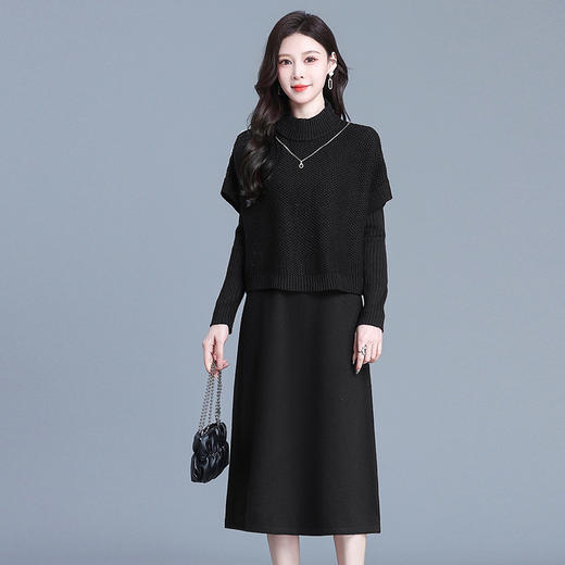 QYM A089-Y针织毛衣两件套连衣裙弹力宽松毛衣中长款套装 商品图1