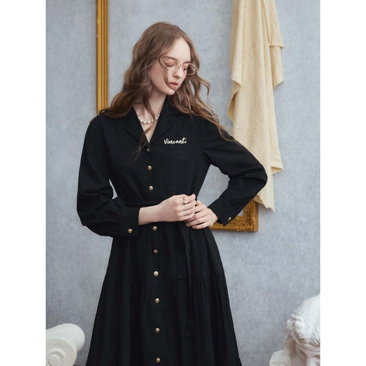 两三事梵高文艺 磨坊舞会 2025秋季新款字母刺绣绑带衬衫裙连衣裙 商品图2