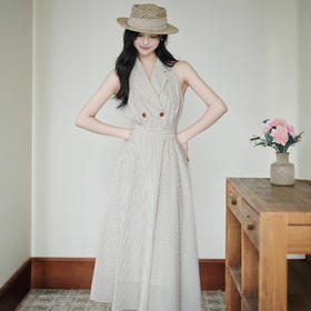 2025夏季新款气质优雅时尚条纹无袖西装领长款宽松显瘦收腰连衣裙