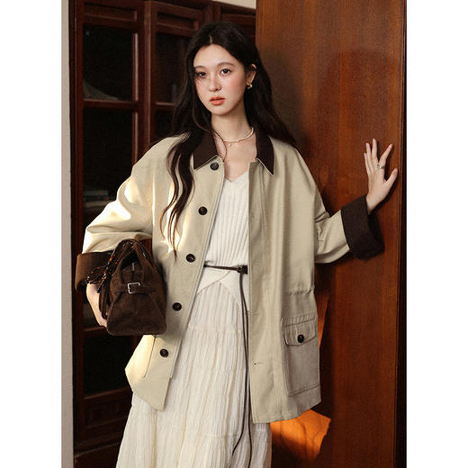 鹿向南「桂畔时光」卡其色拼色休闲风衣秋季新款高级感通勤外套女 商品图0