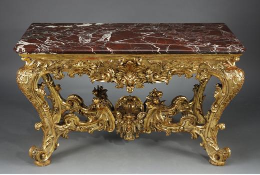 独角鹿西洋古董 18世纪中期意大利出品巴洛克风格贝纹卷叶主题铜鎏金精雕装饰红色大理石台面长桌 商品图1