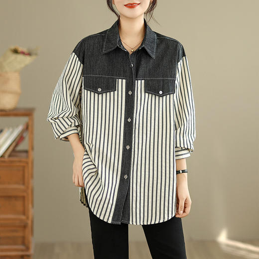 GYH 1779长袖宽松街头牛仔拼接条纹衬衫不规则上衣外套 商品图3