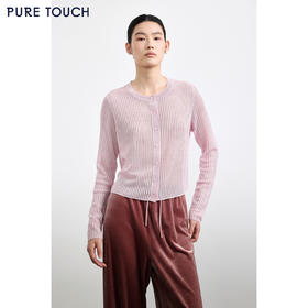 PURE TOUCH女装25秋冬新款圆领桑蚕丝混纺针织开衫竖条纹外搭开衫