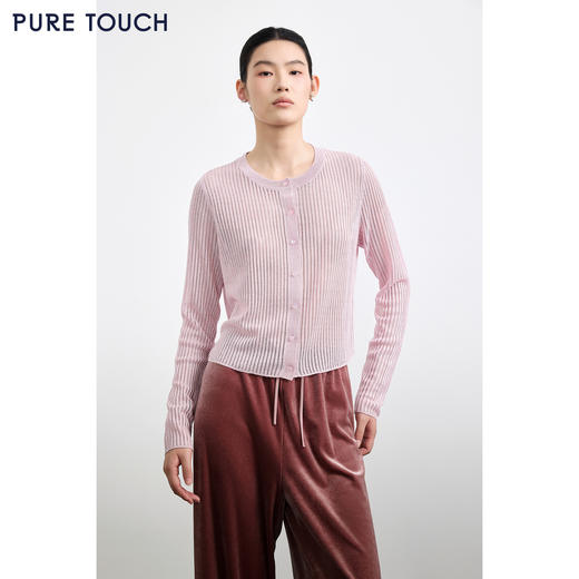 PURE TOUCH女装25秋冬新款圆领桑蚕丝混纺针织开衫竖条纹外搭开衫 商品图0