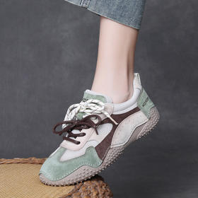 JS12912025秋鞋新款真皮拼色系带休闲女鞋运动风软底鞋平底防滑单鞋