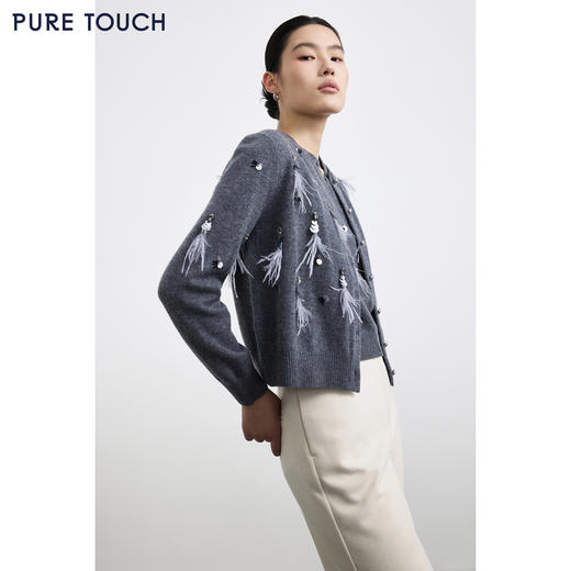 PURE TOUCH女装25秋冬新款圆领羊毛针织开衫重工装饰羊毛开襟外套 商品图3