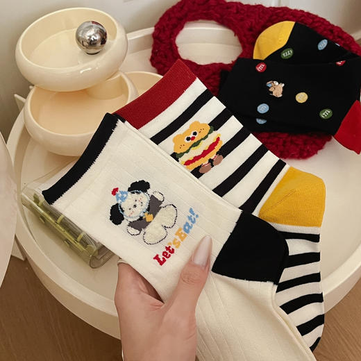 4双装！超可爱薯条汉堡+刺绣狗中筒袜女袜  200N高密度一体机织造  袜头无骨缝合不硌脚 商品图4