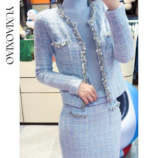 余潇潇【冰岛蓝水晶】棉混纺重工针织粗花呢小香风外套&直筒半裙 商品图2
