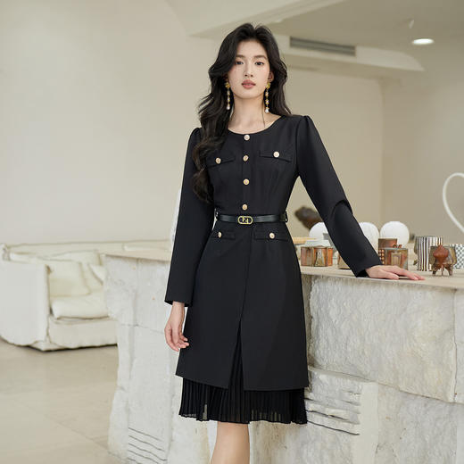 奢姿大码女装2025秋季减龄纽扣装饰拼接连衣裙胖妹妹千金风裙子9953870297 商品图2