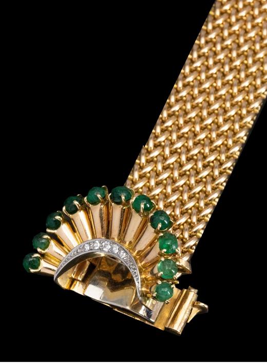 独角鹿西洋古董 1960年代法国出品装饰艺术风格18K黄金镶嵌祖母绿及钻石编织纹理手链 商品图3