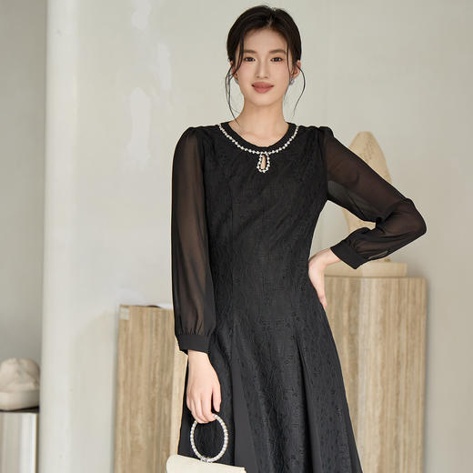 奢姿大码女装2025秋季胖妹妹时尚减龄珍珠水滴型装饰蕾丝连衣裙9953893457 商品图2