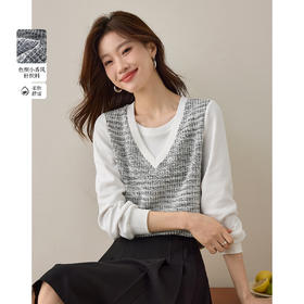 【年终特卖】熙世界气质休闲小香风马甲拼接长袖上衣假两件卫衣2025秋季新款