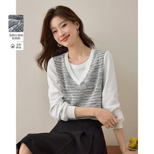 【年终特卖】熙世界气质休闲小香风马甲拼接长袖上衣假两件卫衣2025秋季新款 商品图0