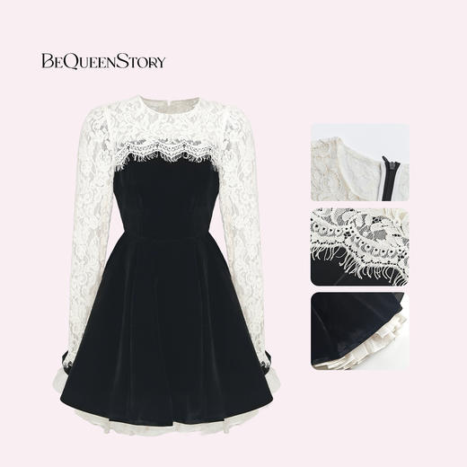 余潇潇【露丝茶话会】时尚精致立体花型黑色丝绒拼接蕾丝连衣裙 商品图2