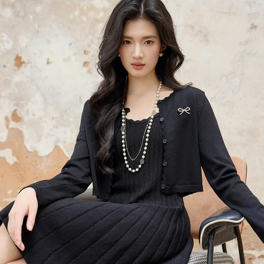 奢姿大码女装2025秋季减龄蝴蝶结针织两件套胖妹妹波浪时尚套装9853990652 商品图2