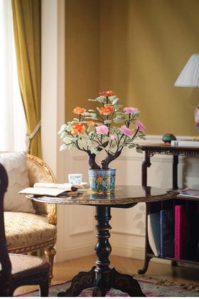 【已售】独角鹿西洋古董 20世纪中国创汇时期出品传统花卉纹景泰蓝盆装饰「红粉芙蓉」珍宝像生盆景