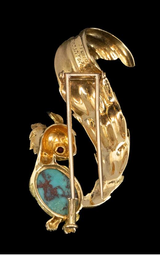 【已售】独角鹿西洋古董  1970年代法国出品18K黄金镶嵌绿松石及红宝石小松鼠造型胸针 商品图3