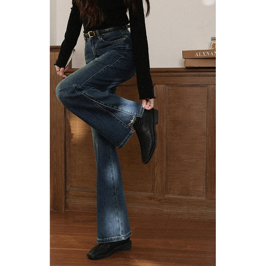 鹿向南「焦点牛仔」蓝色复古牛仔裤女秋季新款独特设计感直筒长裤 商品图1