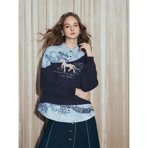 两三事梵高文艺叙梦衣札2025秋季新款时尚拼布印花刺绣卫衣女宽松 商品图1