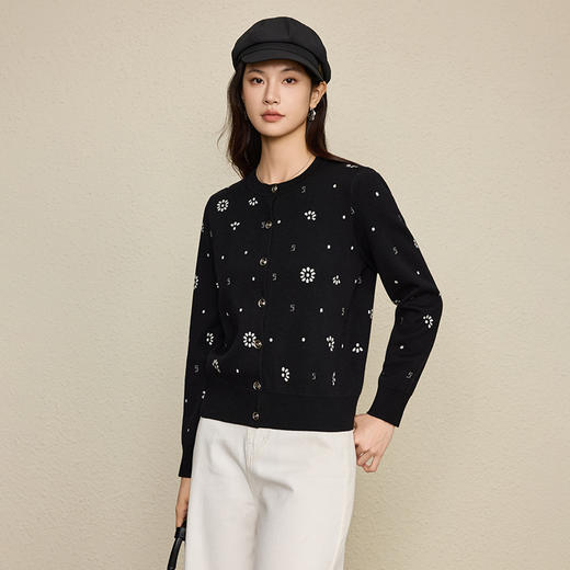 「自」全新升级【铂金会员330/天猫449/差价119】(00532)洛诗琳法式小香风羊毛混纺开衫2025秋季双面提花长袖针织开 商品图1