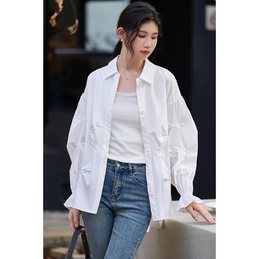 米思阳2026春季新款简约设计感纯棉衬衫泡泡袖褶皱宽松上衣女0256 商品图4