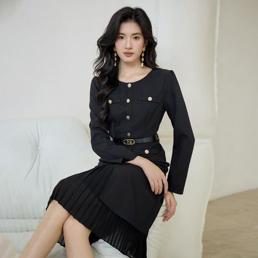 奢姿大码女装2025秋季减龄纽扣装饰拼接连衣裙胖妹妹千金风裙子9953870297 商品图0