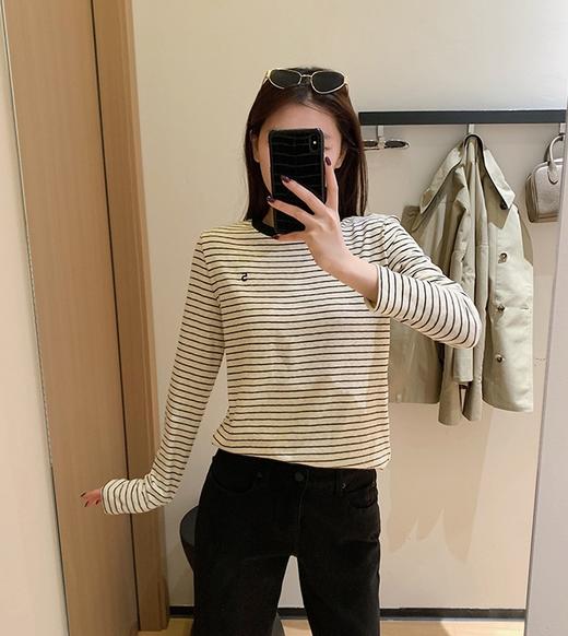 香香5号条纹T雪花肌理软糯植绒撞色长袖T恤 商品图3