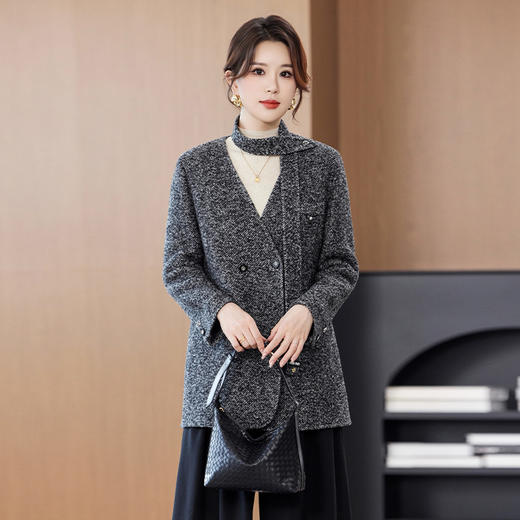 OSL 2525LN流行气质宽松条纹显瘦V领双面尼大衣外套 商品图2