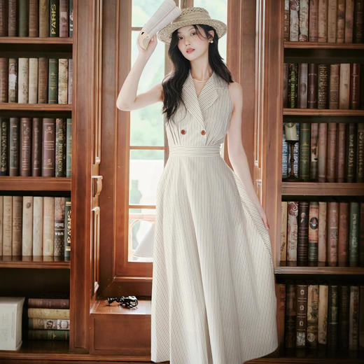 2025夏季新款气质优雅时尚条纹无袖西装领长款宽松显瘦收腰连衣裙 商品图2
