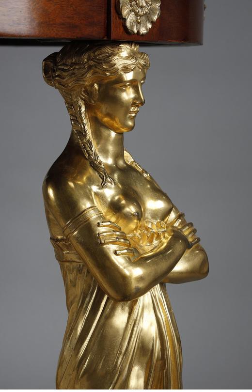 独角鹿西洋古董 19世纪法国出品家具大师雅各布·德斯马尔特设计帝政风格铜鎏金精雕女神柱装饰大理石台面桃花心木圆桌 商品图3