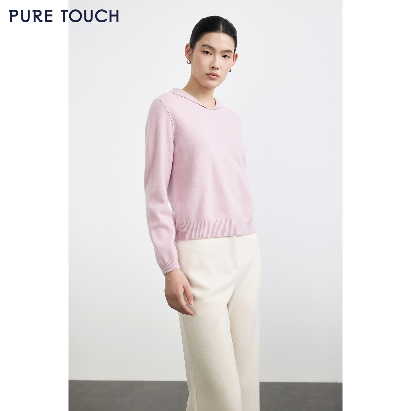 PURE TOUCH女装25秋冬新款海军翻领羊毛衫百搭宽松直筒套头针织衫