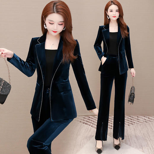 金丝绒小西装套装女2025年秋季新款洋气修身西服阔腿裤气质两件套 商品图0