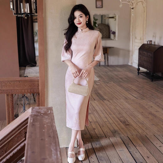 粉色改良新中式倒大袖旗袍麂皮绒年轻款YG2683 商品图2