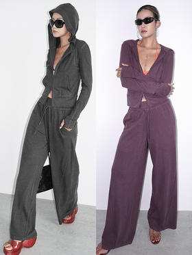 TR她热 机场套装 灰色酱紫色休闲百搭运动连帽卫衣阔腿裤套装