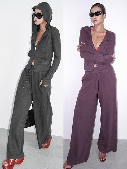 TR她热 机场套装 灰色酱紫色休闲百搭运动连帽卫衣阔腿裤套装 商品图0