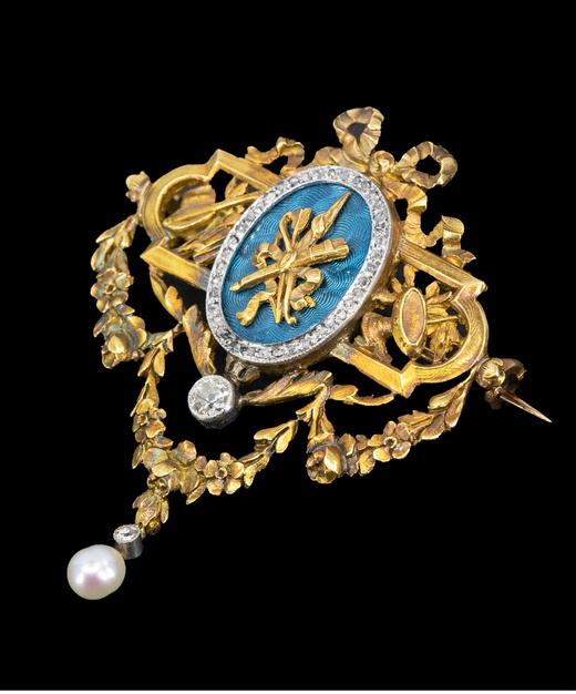 独角鹿西洋古董 1935年代法国出品蝴蝶结花叶造型18K黄金及铂金镶嵌玑镂珐琅钻石及天然野生海水珍珠胸针 商品图2